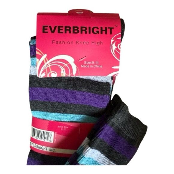 Three Pairs Everbright Fashion Knee High Womens Striped Socks - Picture 2 of 4